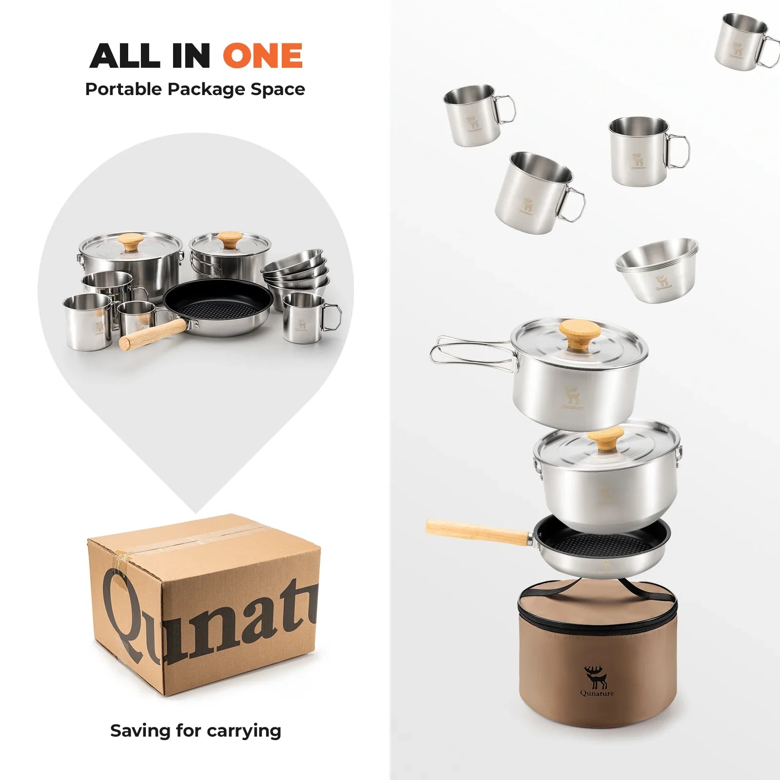 304 Stainless Steel 5-Piece Camping Cookware Set with Teflon Coating