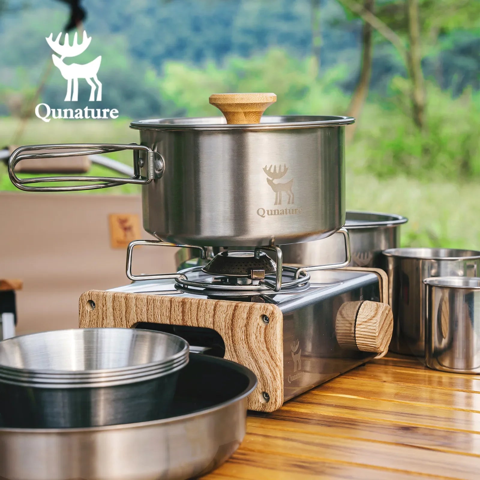 304 Stainless Steel 5-Piece Camping Cookware Set with Teflon Coating