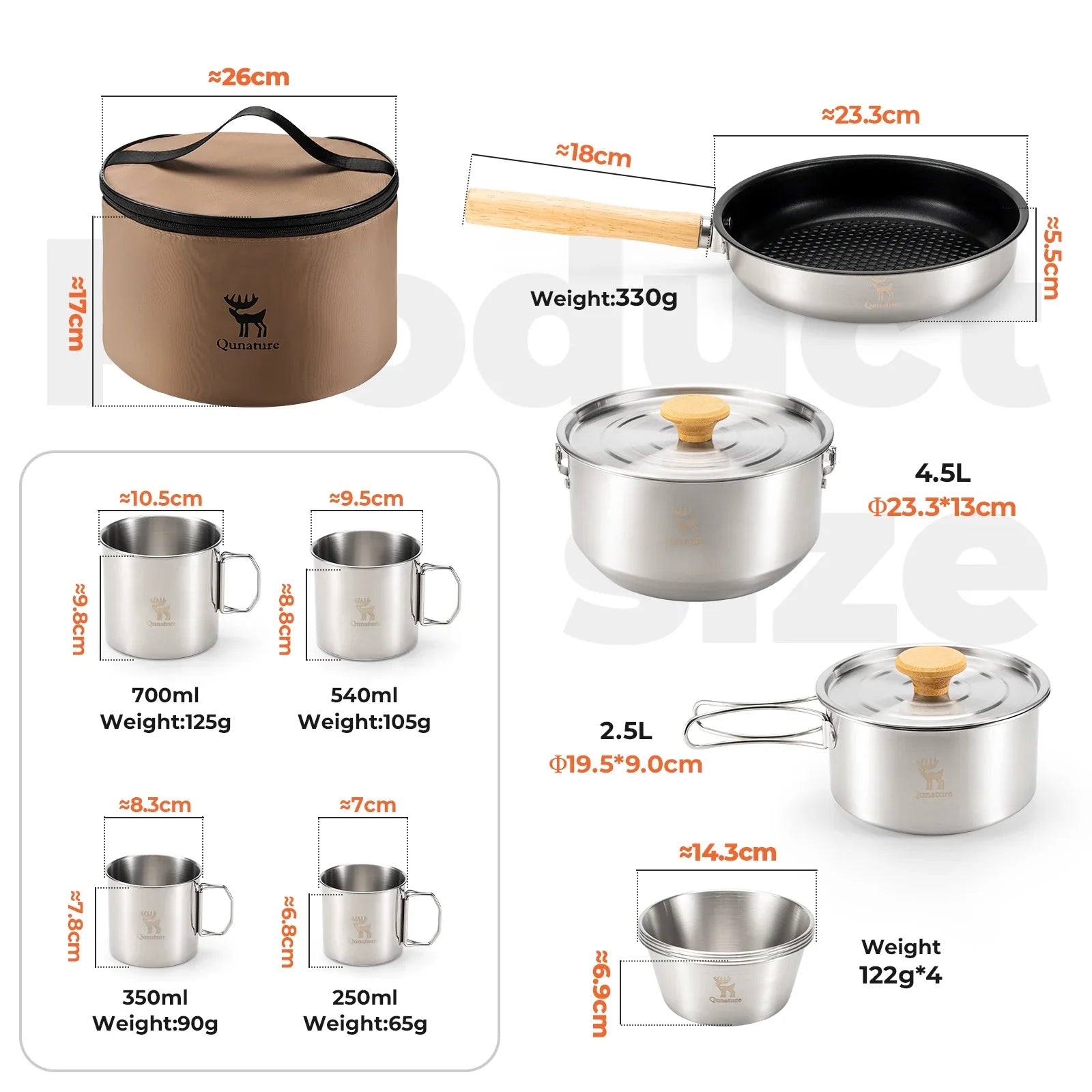 304 Stainless Steel 5-Piece Camping Cookware Set with Teflon Coating