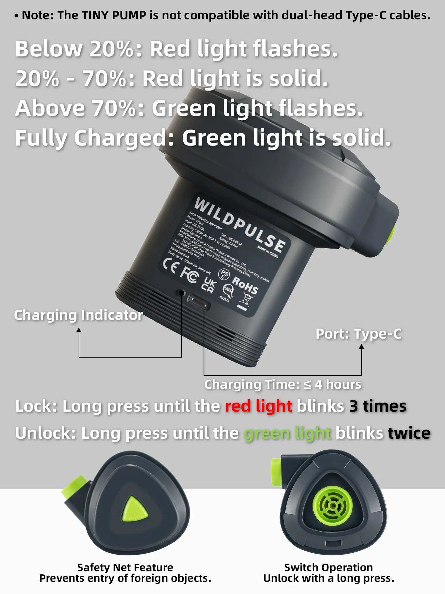 5KPa Rechargeable Electric Air Pump with 3 Nozzles & Type-C Cable